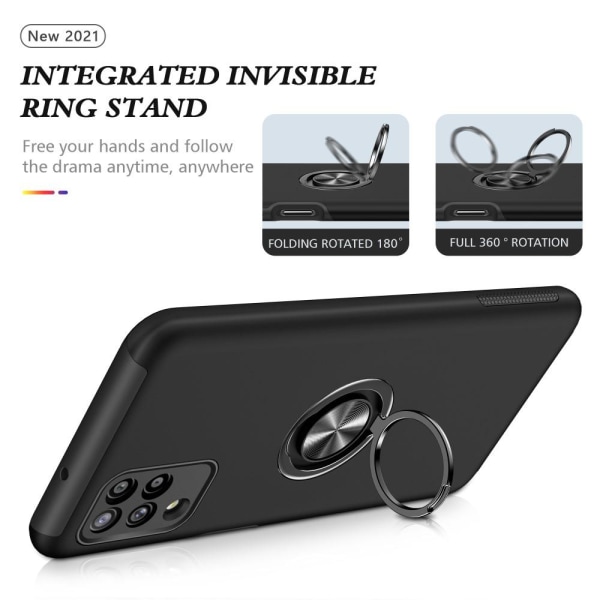 Kompatibel Samsung Galaxy A12 Fingerring Kickstand Hybrid Taske Black