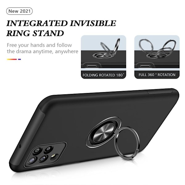 Yhteensopiva Samsung Galaxy A12 sormirengas Kickstand Hybridi-kotelo Black