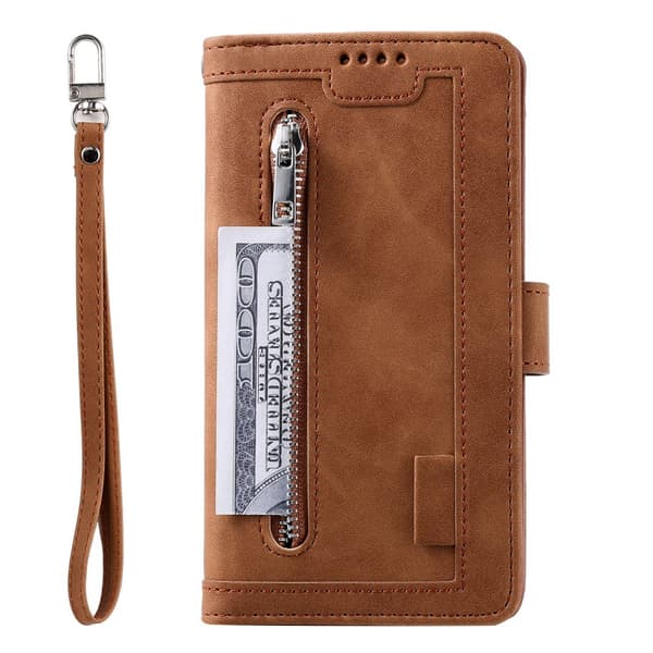 Til Google Pixel 9A Etui med Lynlåslomme og 9 Kortlommer Brown