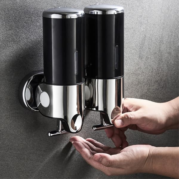 Dobbelthodet såpedispenser 1000ml rustfritt stål manuell push-sjampo dusjpumpe Black