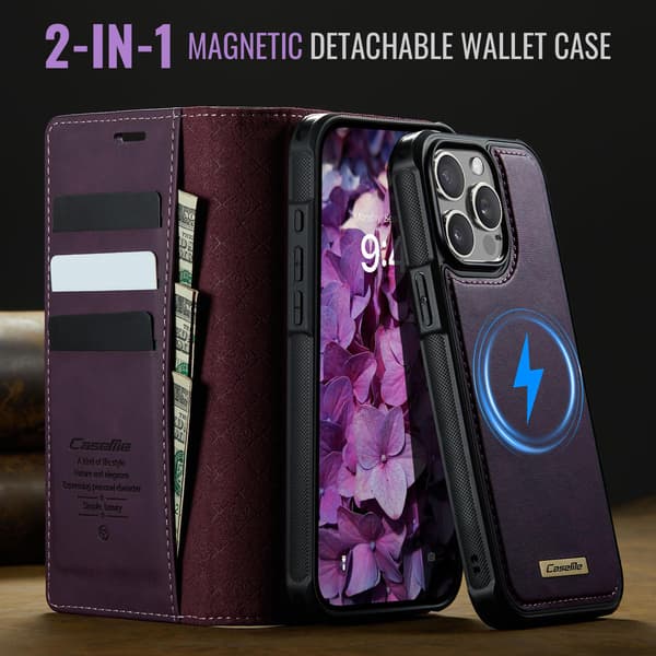 CASEME Til iPhone 15 Pro Max Lommebokdeksel Magnetisk Avtakbar RFID Beskyttelse - Coffee Purple