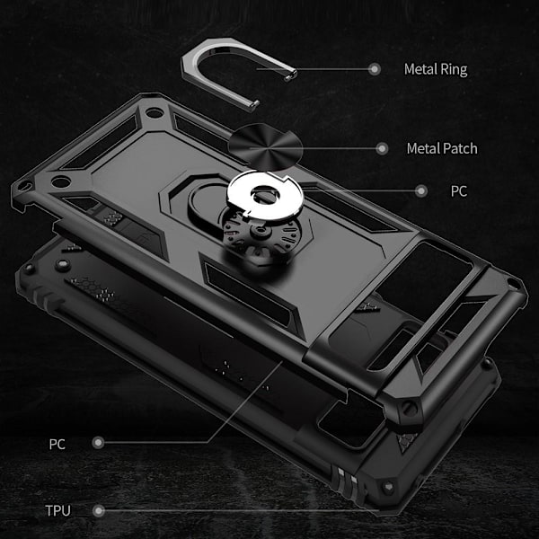 Google Pixel 7 Pro iskunkestävä TPU+PC Kickstand -puhelinkotelo autoteline metallilevy - musta Black