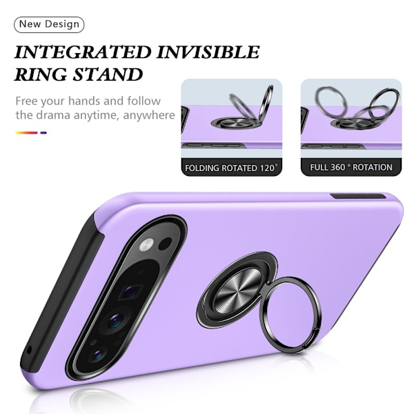 Hybrid-etui med fingerreim og kickstand for Google Pixel 9 / Pixel 9 Pro Purple