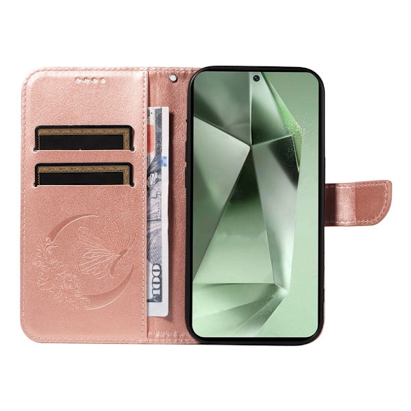 Til Samsung Galaxy S24 FE Etui Stand Tegnebog Etui Sommerfuglemønster Pink gold
