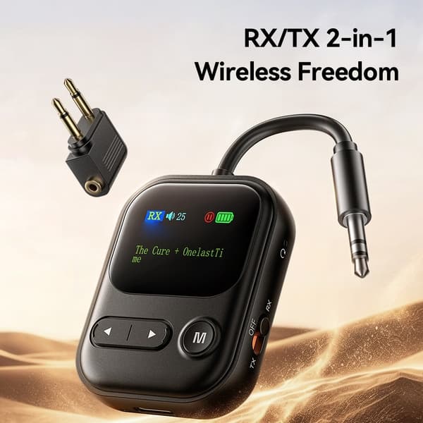 2-i-1 Bluetooth-kompatibel AUX-lydadapter (RX/TX) med LCD-skjerm for bil høyttalere Black