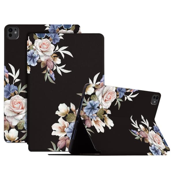 Til iPad Pro 11 (2024) Cover Flip Stativ Smart Tablet Cover - Black Flower Multicolor
