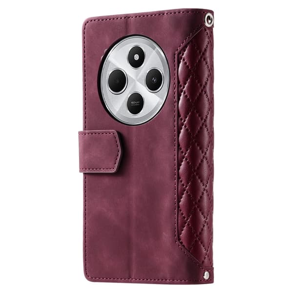 För Xiaomi Redmi 14C Zipper Wallet Case Rhombus Stitching Line Telefonfodral Röd