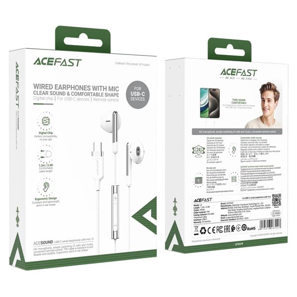 ACEFAST 1.2m USB-C Kablede Hodetelefoner med Mikrofonkontroll White
