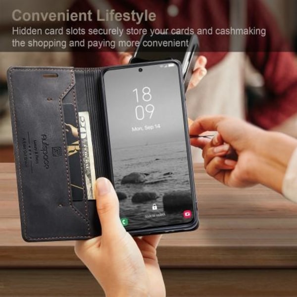 AUTSPACE A01 Retro tegnebog taske til Samsung Galaxy S23+ (Plus) - Sort Black