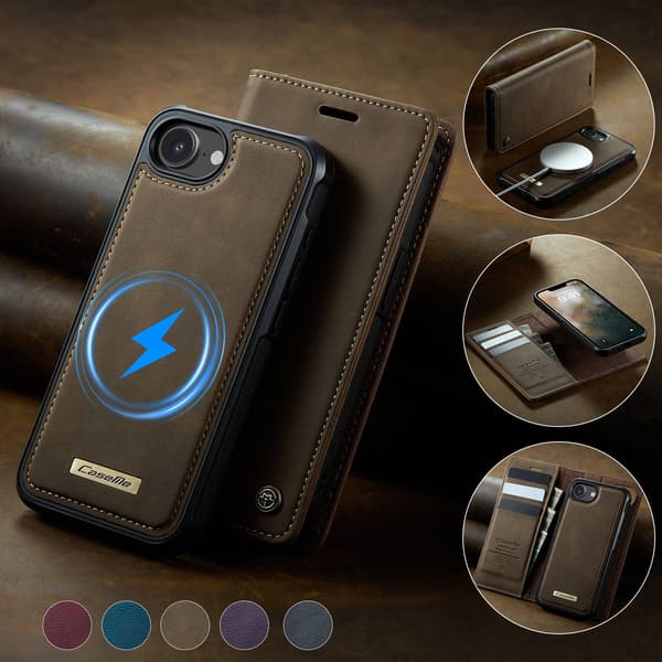 CASEME Til iPhone 17e / 16e  Lommebokdeksel Magnetisk Avtakbar RFID Beskyttelse - Coffee Brown