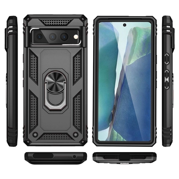 Google Pixel 7 Pro Stødsikker TPU+PC Kickstand Telefontaske Bilmonteret Metalplade - Sort Black