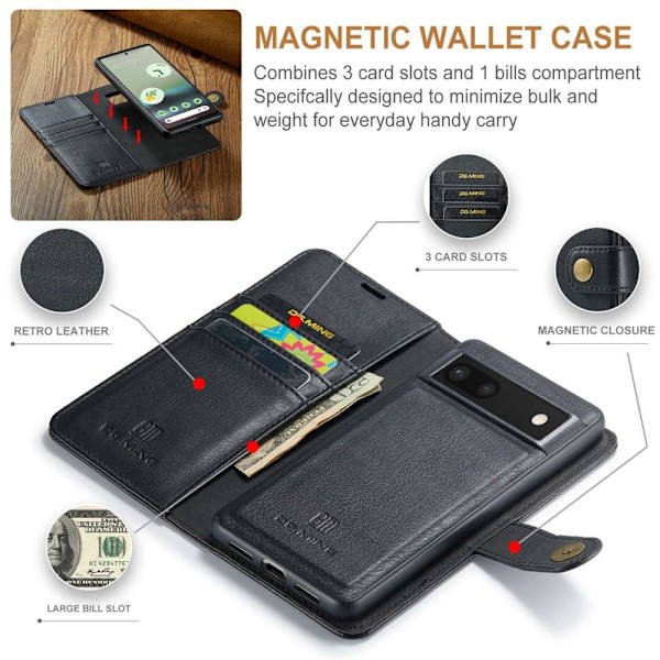 DG.MING for Google Pixel 6a Avtakbart 2-i-1 Lommebokdeksel Black
