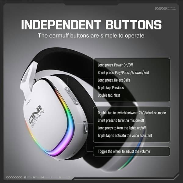 ONIKUMA GT805 Gaming Headset 4 Moduser Trådløst/Kablet Over-Ear RGB - Hvit White