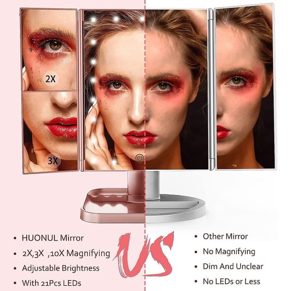 3 - sidet sammenfoldelig makeup spejl, der kan dæmpes lys 22LED bordspejl - Lyserød Pink