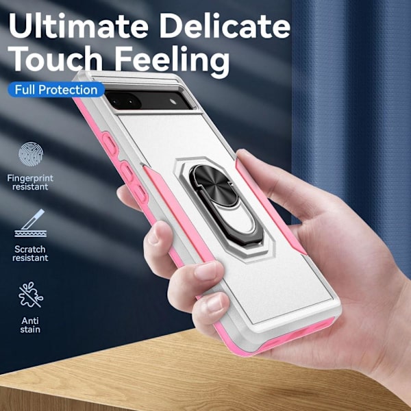 Google Pixel 6A Hybrid skal med Finger Ring & Metall Plåt - Vit/Rosa Vit