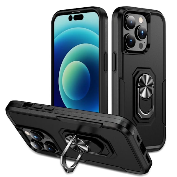 iPhone 15 Pro Max Hybrid skal med Finger Ring & Metall Plåt - Svart Svart