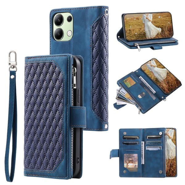 För Xiaomi Redmi 15C Zipper Wallet Case Rhombus Stitching Line Telefonfodral Blå