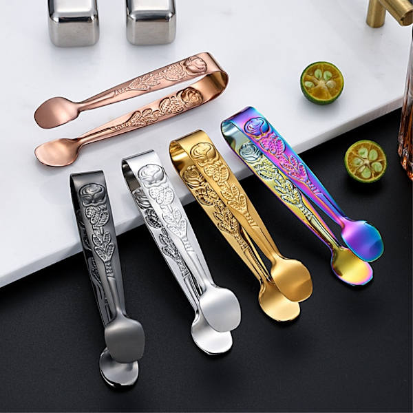 Ice Cube Spoon Tongs rustfrit stål rosemønster mini madtang Multicolor