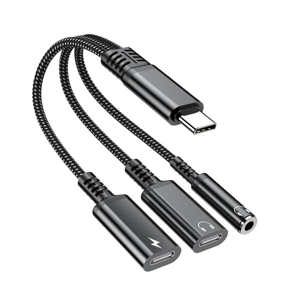 Aux Adapter 60W USB-C till 3,5 mm + USB-C hörlurar + USB-C PD Laddning Svart