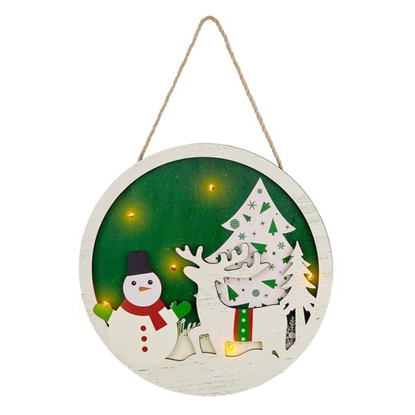 Jul Skylt Dekoration Dörr med LED - ljus - Snögubbe och älg Grön