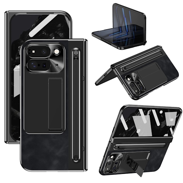 Google Pixel 9 Pro Fold 5G Kotelo Kickstand Nahka+PC Suojakuori Karkaistulla Lasilla ja Stylus - Musta Black