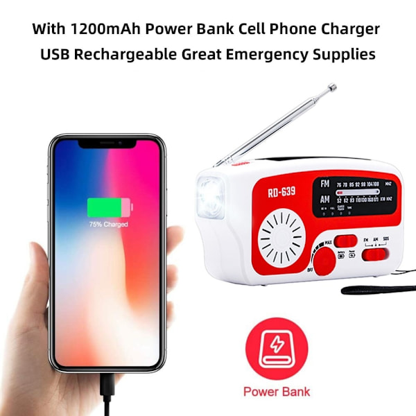 AM/FM hätäradio Käsikampi taskulamppu SOS aurinkokenno PowerBank USB White
