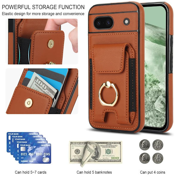 For Google Pixel 8a Kickstand Case Phone Cover with Card Slots Brown