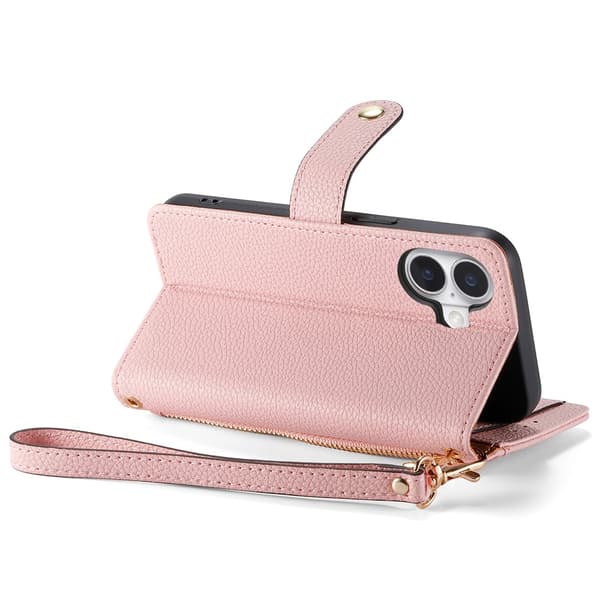 For iPhone 17 Skal RFID-blockering Dragkedjeficka Plånboksfodral med Rem - Rosa Rosa