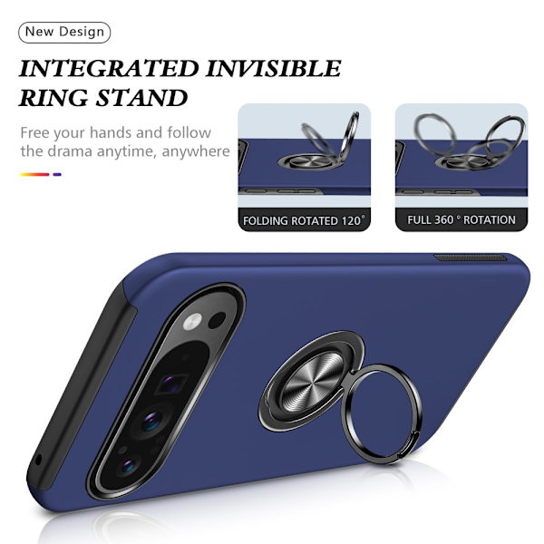 Til Google Pixel 9 / Pixel 9 Pro Fingerring Kickstand Hybrid Taske Blue