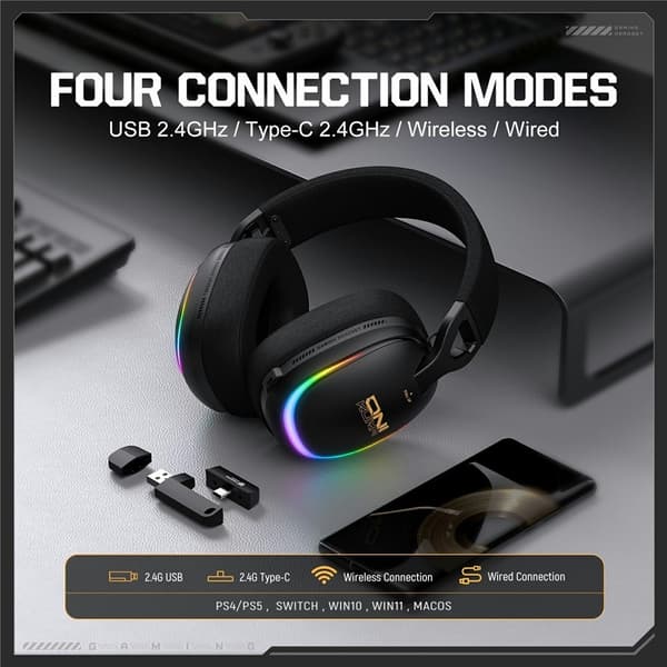 ONIKUMA GT805 Gaming Headset 4 Tilstande Trådløs/Kabelbaseret Over-Ear RGB - Sort Black
