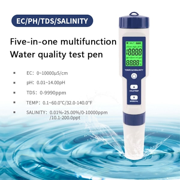 5-i-1 test for vandkvalitet EC Ph TDS Temperatur Salinitet Grey