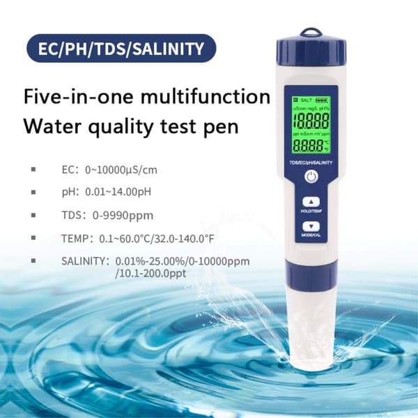 5-i-1 test for vann kvalitet EC pH TDS Temperatur Saltholdighet Grey