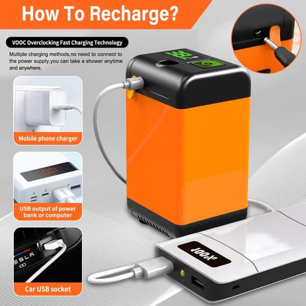 7800mAh elektrisk campingbruser med smart temperaturovervågning + 3 spraytilstande Orange