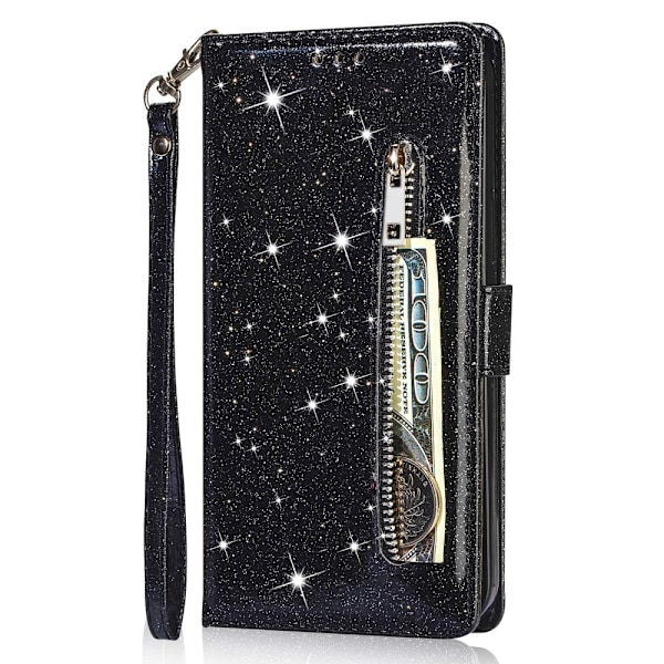 För Samsung Galaxy S25 Ultra Ställbart Glitterfodral med Dragkedjeficka Svart