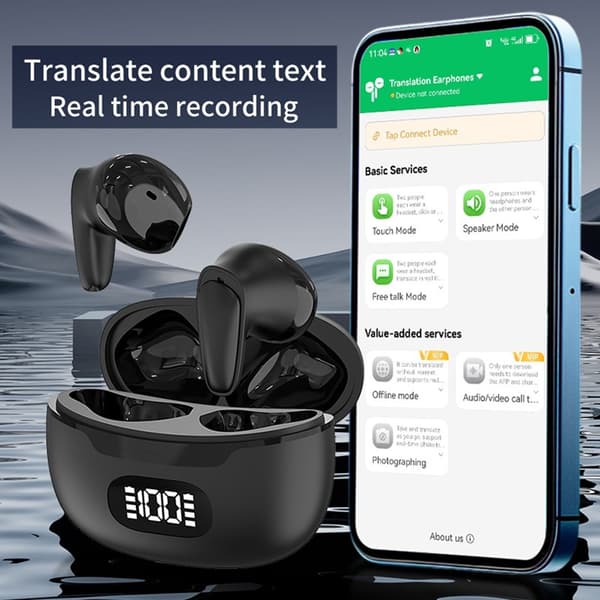 150 Sprog Oversættelse Oversætter Smart Voice Bluetooth In Ear-hovedtelefoner - Sort Black