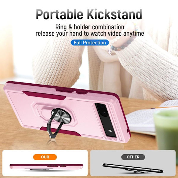 Google Pixel 6A Stødsikker TPU+PC Kickstand Telefontaske Bilmonteret Metalplade - Lyserød Pink