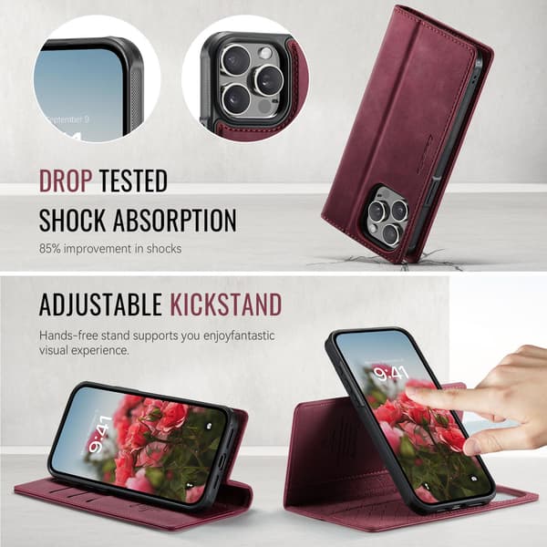 CASEME iPhone 15 Pro Max Lompakkokotelo Magneettinen Irrotettava RFID Suojaus Red