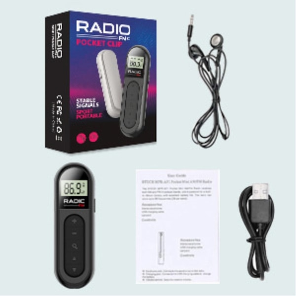 RADIO MI03 Pocket FM-radio med klips for sport/løping/møter Black
