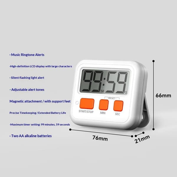 Timer med musik och stor LCD-display – magnetisk, för kök, bakning och träning Vit