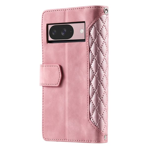 För Google Pixel 10 Pro / 10 / 9 Pro / 9 Zipper Wallet Case Rhombus Telefonfodral Rosa guld