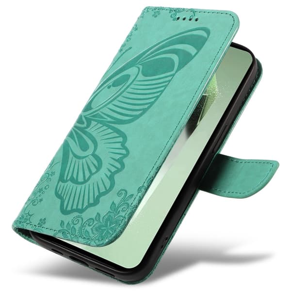 Etui med stativ, lommebok og sommerfuglmønster til Samsung Galaxy S24 FE Green