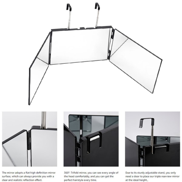 Spegel 360-graders vy 3-sidor infällbar frisörspegel LED-ljus Silver