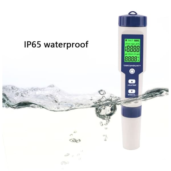 5-i-1 test for vann kvalitet EC pH TDS Temperatur Saltholdighet Grey