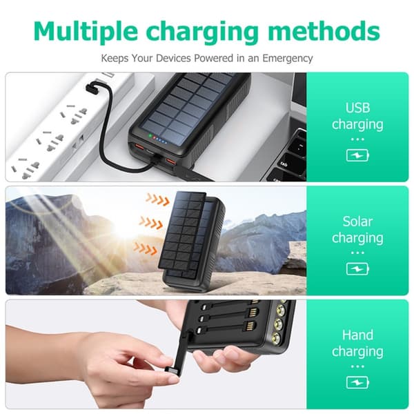 Håndsveiv 30000mAh Sol PowerBank Lightning/USB-C/Micro kabel Orange