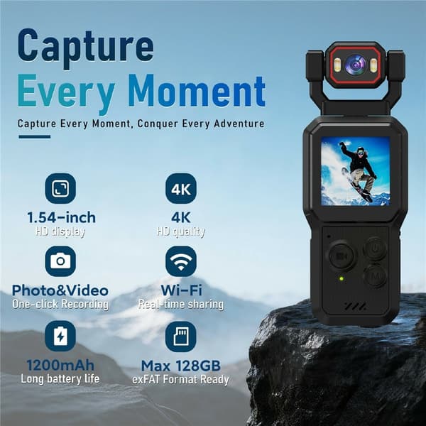 Actionkamera / videokamera / vlog-kamera – 1,54" HD-skærm, 4K HD, WiFi, Bluetooth Black