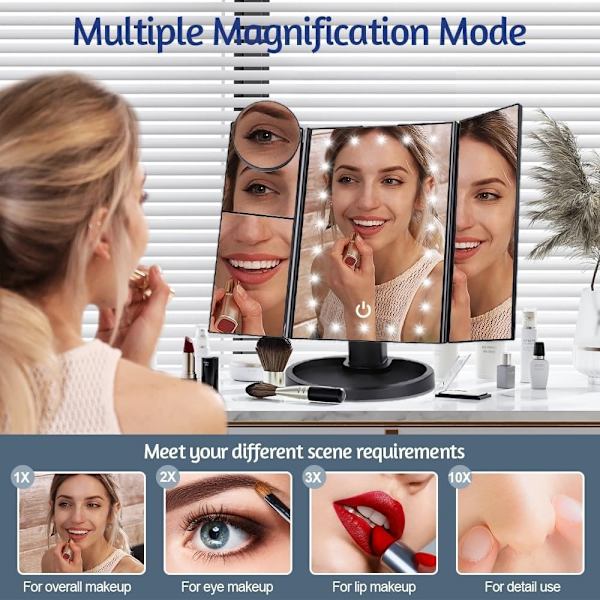 3-sidet sammenfoldelig makeup spejl, der kan dæmpes lys 22LED bordspejl - sort Black