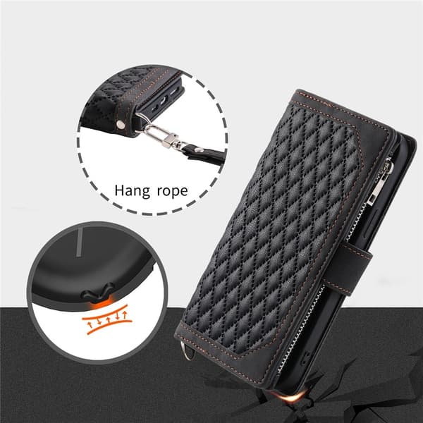 För Google Pixel 10 Pro / 10 / 9 Pro / 9 Zipper Wallet Case Rhombus Telefonfodral Svart