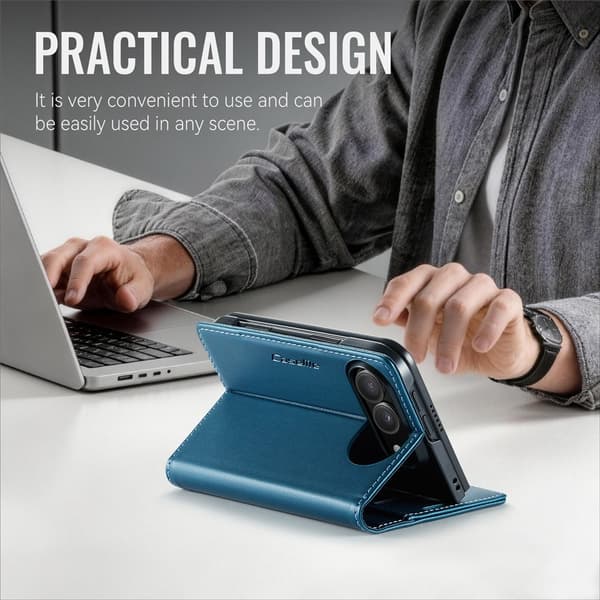 CASEME Telefonpungcover med blank litchi tekstur til iPhone Duo Blue