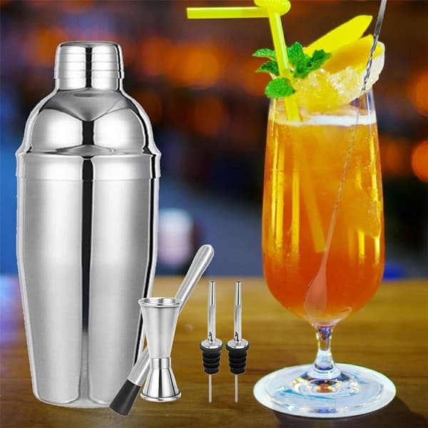 Cocktailset 7 delar shaker mått jigger muddler barsked hällpipar receptbok Silver