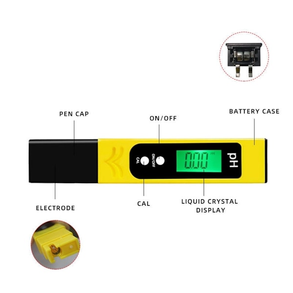 PH Meter Automatisk kalibrering Vannkvalitetstester Vanntesting Yellow